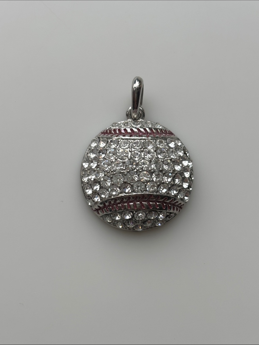 Arras Crystal Baseball Pendant Necklace in Silver with Pink Stitching